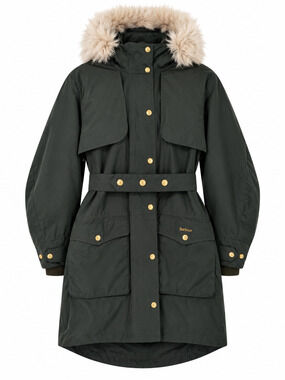 Barbour Whitebeam Wax Jacket UK 8 US 4 Green Belted Faux Fur Hood Coat